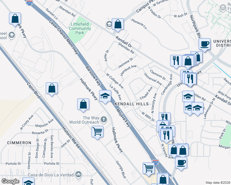 map of restaurants, bars, coffee shops, grocery stores, and more near 5041 Wyche Court in San Bernardino