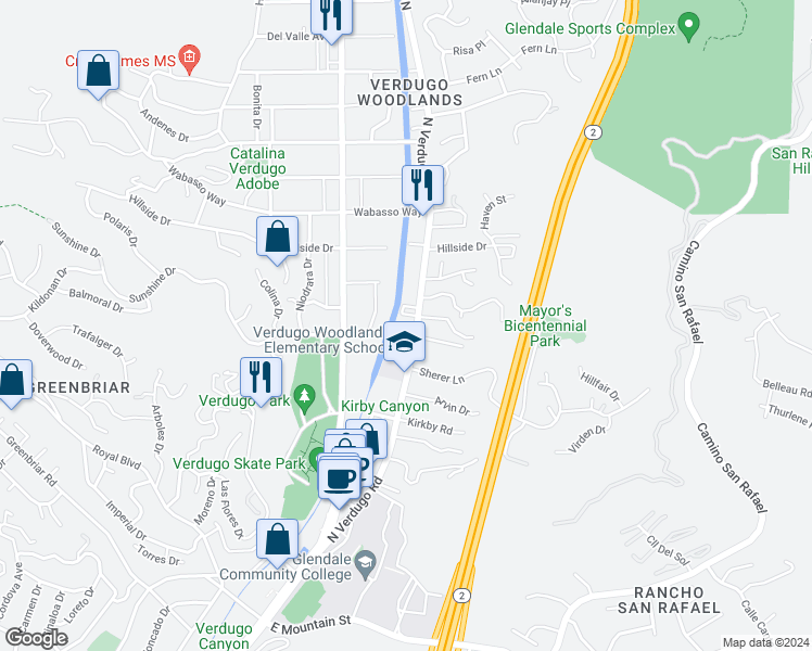 map of restaurants, bars, coffee shops, grocery stores, and more near 1765 North Verdugo Road in Glendale