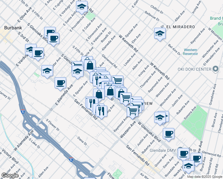 map of restaurants, bars, coffee shops, grocery stores, and more near 1119 Allen Avenue in Glendale