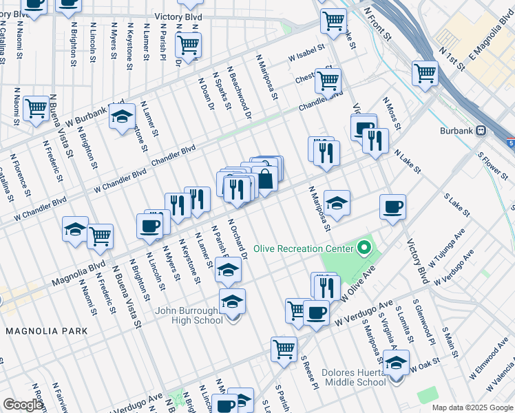 map of restaurants, bars, coffee shops, grocery stores, and more near in Burbank
