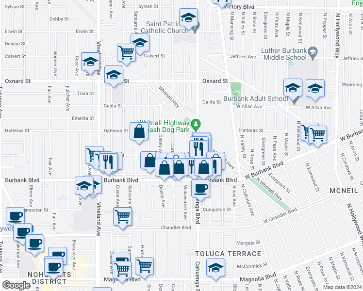 map of restaurants, bars, coffee shops, grocery stores, and more near 5718 Cartwright Avenue in Los Angeles