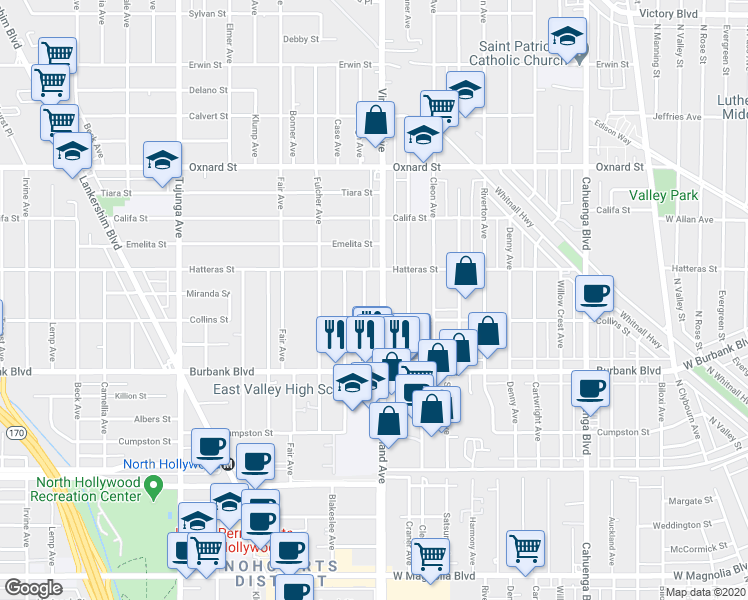 map of restaurants, bars, coffee shops, grocery stores, and more near 5715 Vineland Avenue in Los Angeles