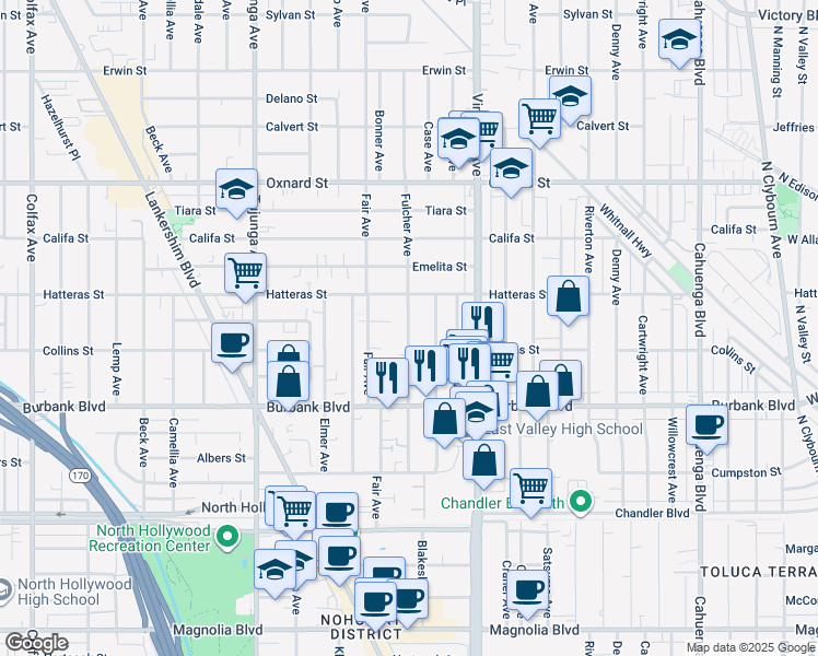 map of restaurants, bars, coffee shops, grocery stores, and more near 5717 Case Avenue in Los Angeles