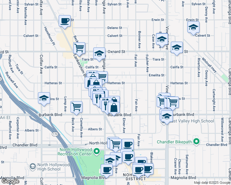 map of restaurants, bars, coffee shops, grocery stores, and more near 11300 Miranda Street in Los Angeles