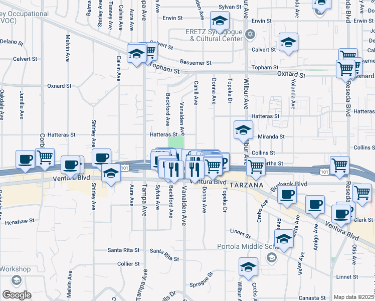 map of restaurants, bars, coffee shops, grocery stores, and more near 19111 Collins Street in Los Angeles
