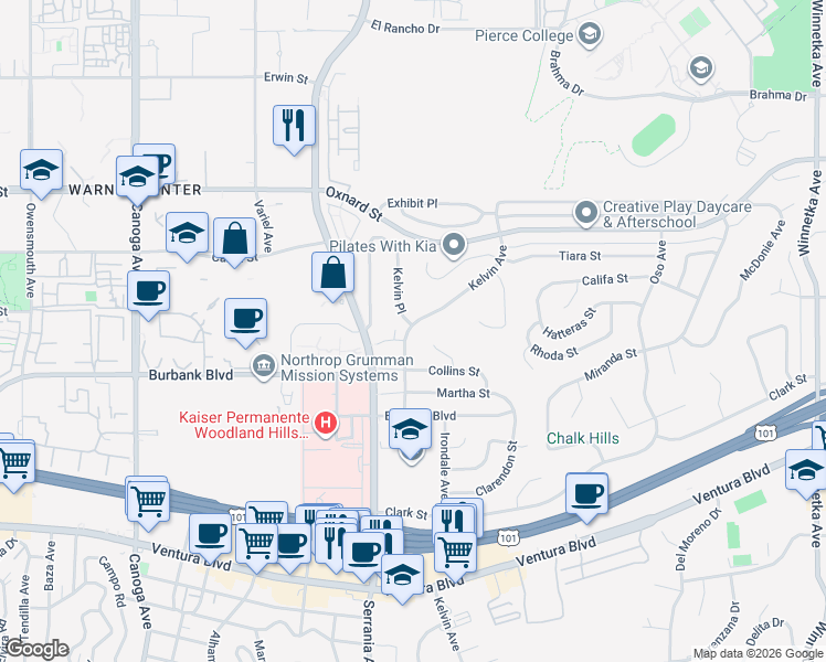 map of restaurants, bars, coffee shops, grocery stores, and more near 20851 Miranda Street in Los Angeles