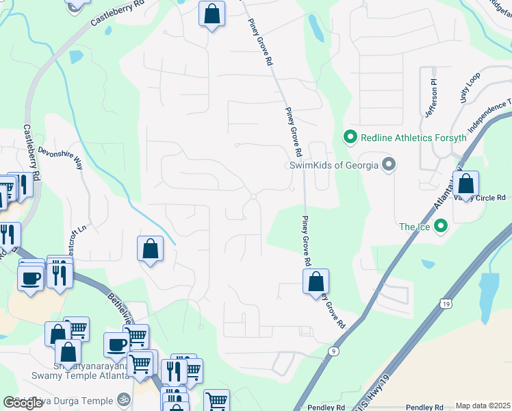 map of restaurants, bars, coffee shops, grocery stores, and more near 5610 Sterling Court in Cumming