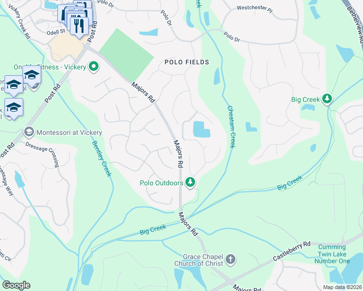 map of restaurants, bars, coffee shops, grocery stores, and more near 6955 Lancaster Circle in Cumming