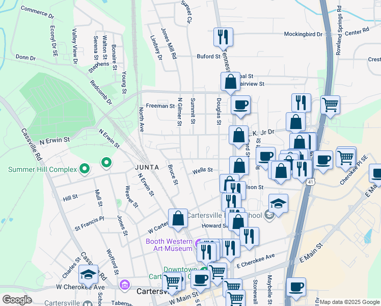 map of restaurants, bars, coffee shops, grocery stores, and more near 4 Collins Street in Cartersville