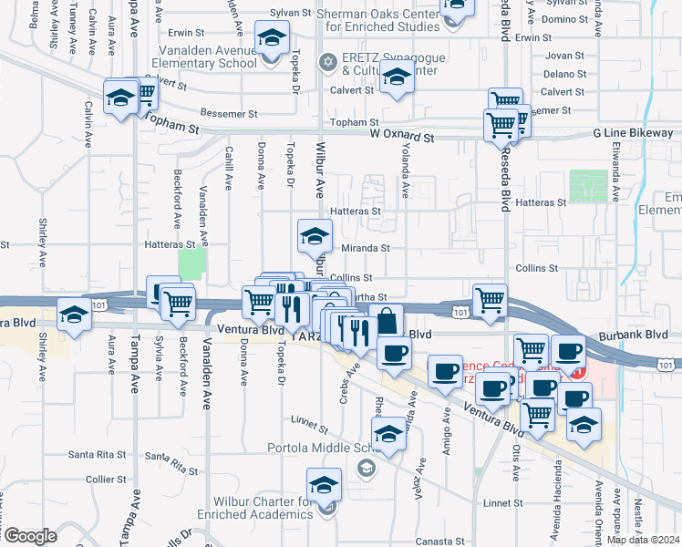 map of restaurants, bars, coffee shops, grocery stores, and more near 5703 Crebs Avenue in Los Angeles
