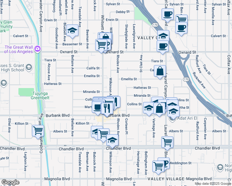 map of restaurants, bars, coffee shops, grocery stores, and more near 5725 Rhodes Avenue in Los Angeles