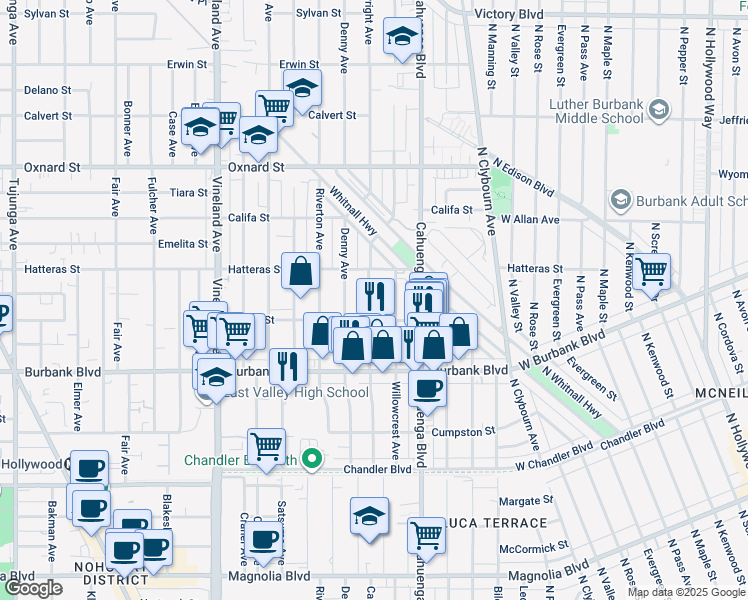 map of restaurants, bars, coffee shops, grocery stores, and more near 5726 Cartwright Avenue in Los Angeles