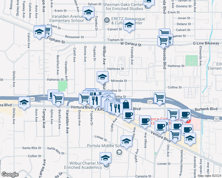map of restaurants, bars, coffee shops, grocery stores, and more near 5703 Crebs Avenue in Los Angeles