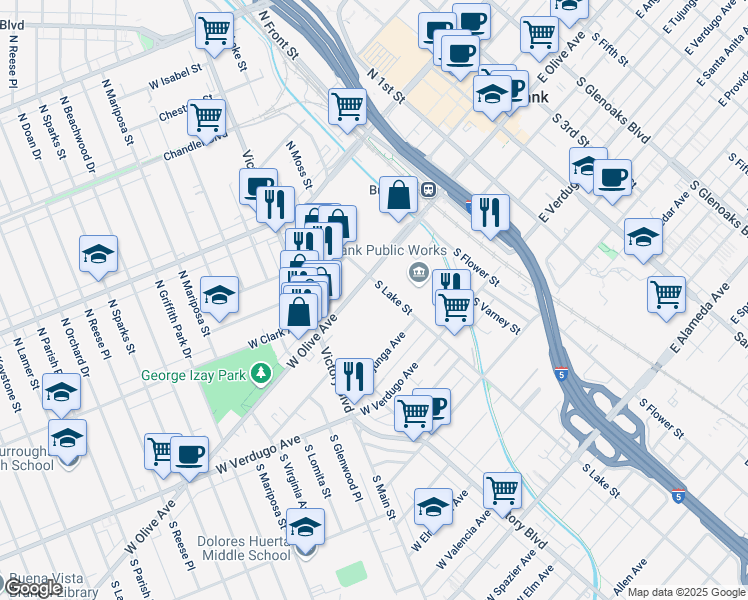 map of restaurants, bars, coffee shops, grocery stores, and more near 200 West Olive Avenue in Burbank