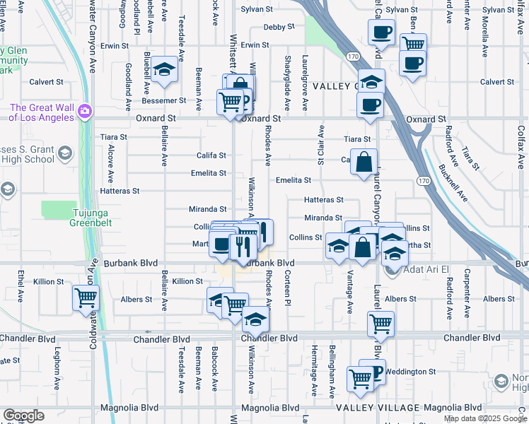 map of restaurants, bars, coffee shops, grocery stores, and more near 5725 Rhodes Avenue in Los Angeles