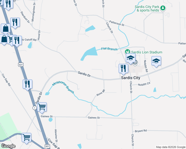 map of restaurants, bars, coffee shops, grocery stores, and more near 761 Sardis Drive in Sardis City