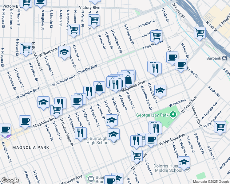 map of restaurants, bars, coffee shops, grocery stores, and more near 1723 West Magnolia Boulevard in Burbank