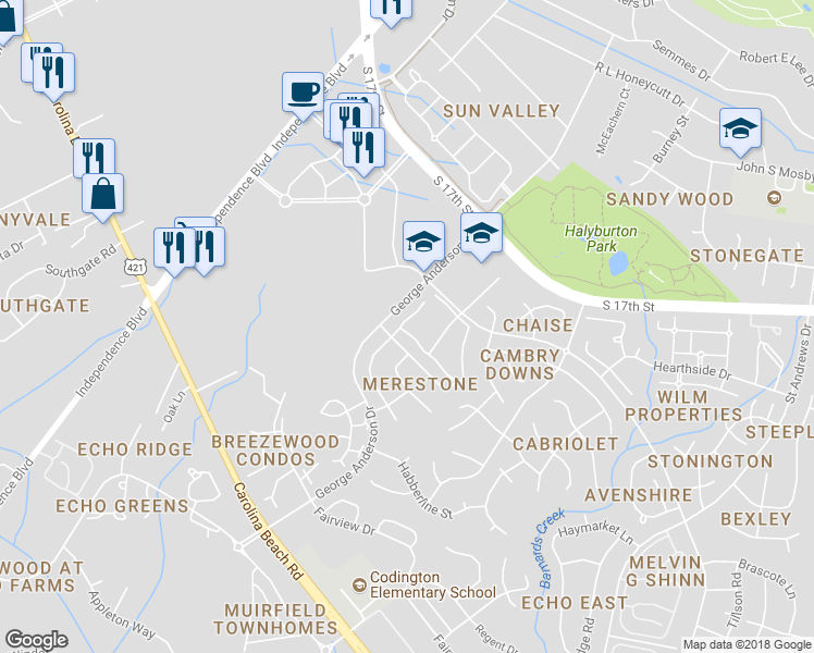 map of restaurants, bars, coffee shops, grocery stores, and more near 3657 Merestone Drive in Wilmington