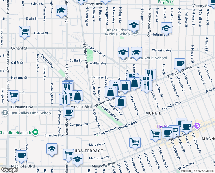 map of restaurants, bars, coffee shops, grocery stores, and more near 1446 Evergreen Street in Burbank