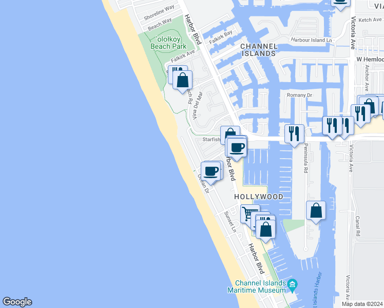 map of restaurants, bars, coffee shops, grocery stores, and more near 4140 Ocean Drive in Oxnard