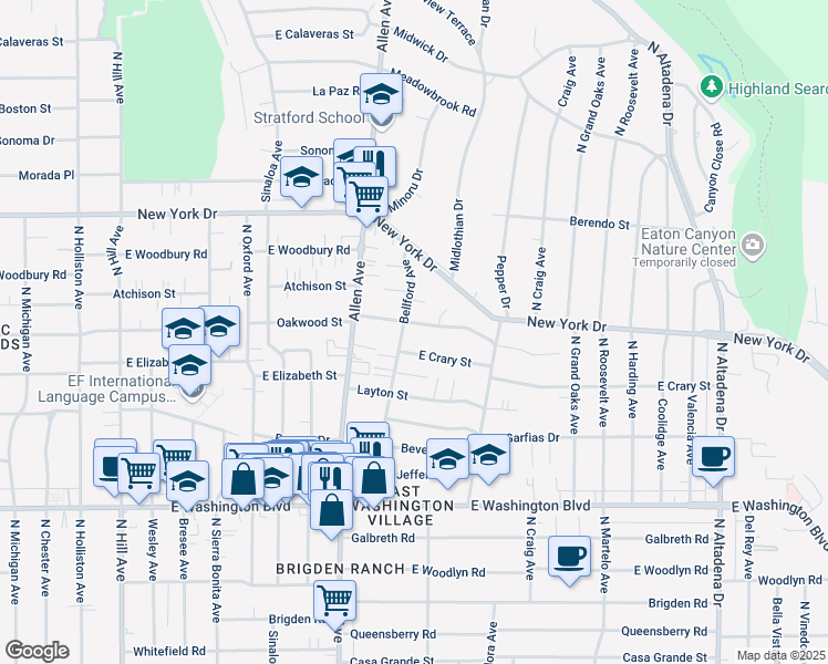 map of restaurants, bars, coffee shops, grocery stores, and more near 1954 Oakwood Street in Pasadena