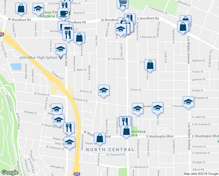 map of restaurants, bars, coffee shops, grocery stores, and more near 1684 Navarro Avenue in Pasadena