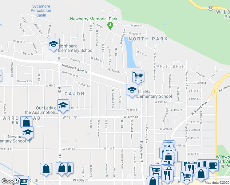 map of restaurants, bars, coffee shops, grocery stores, and more near 5095 North Stoddard Avenue in San Bernardino