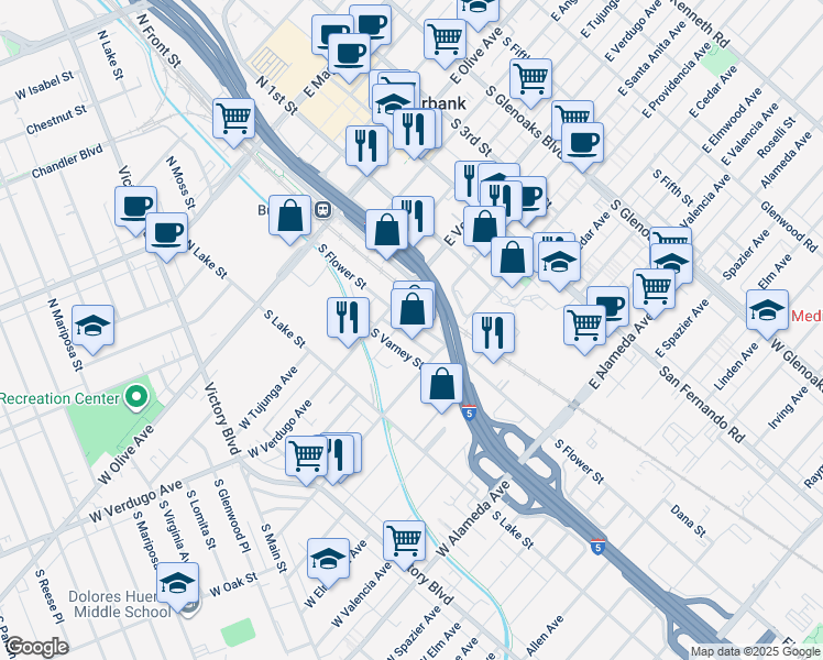 map of restaurants, bars, coffee shops, grocery stores, and more near 505 South Flower Street in Burbank