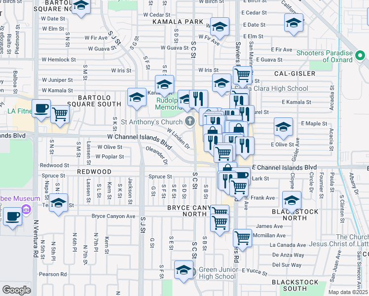 map of restaurants, bars, coffee shops, grocery stores, and more near 505 West Channel Islands Boulevard in Oxnard