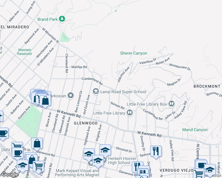 map of restaurants, bars, coffee shops, grocery stores, and more near 614 Robin Glen Drive in Glendale