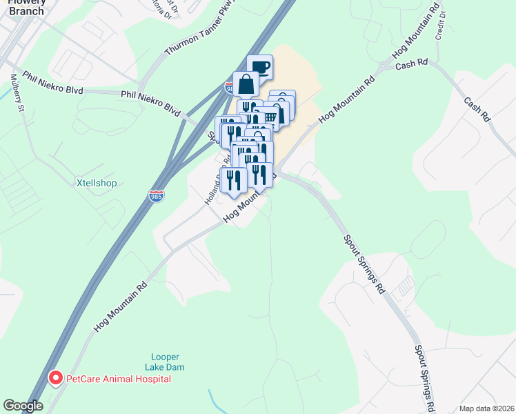 map of restaurants, bars, coffee shops, grocery stores, and more near 4865 Hog Mountain Road in Flowery Branch