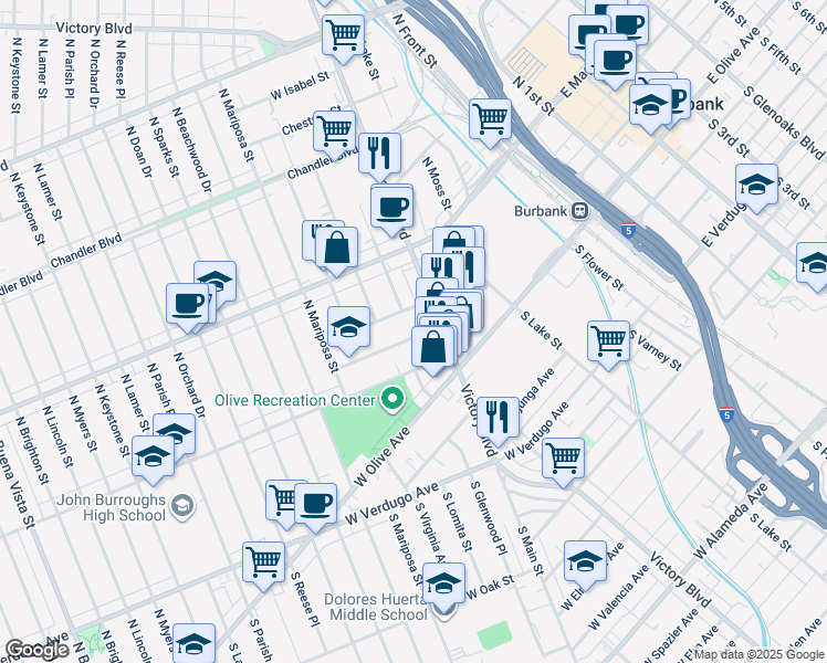 map of restaurants, bars, coffee shops, grocery stores, and more near 923 West Orange Grove Avenue in Burbank
