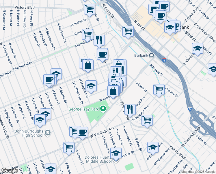 map of restaurants, bars, coffee shops, grocery stores, and more near 923 West Orange Grove Avenue in Burbank