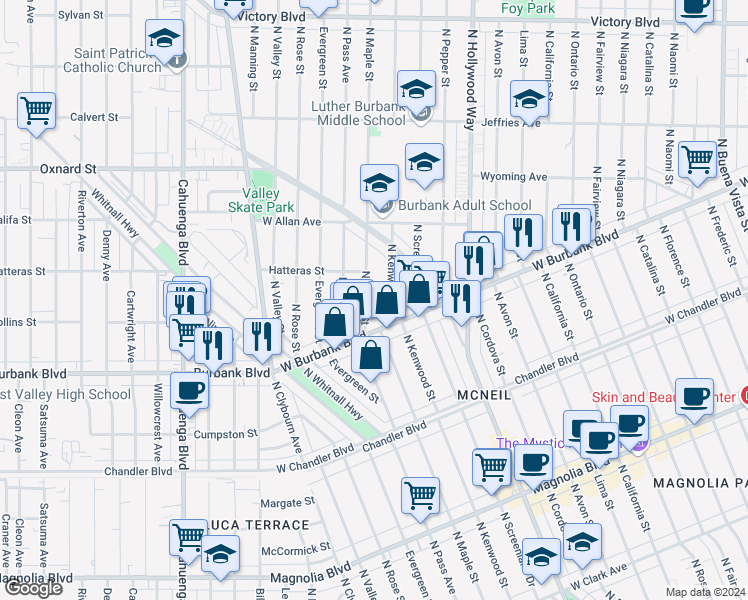 map of restaurants, bars, coffee shops, grocery stores, and more near 1430 North Maple Street in Burbank