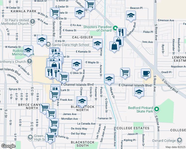 map of restaurants, bars, coffee shops, grocery stores, and more near 604 East Olive Street in Oxnard