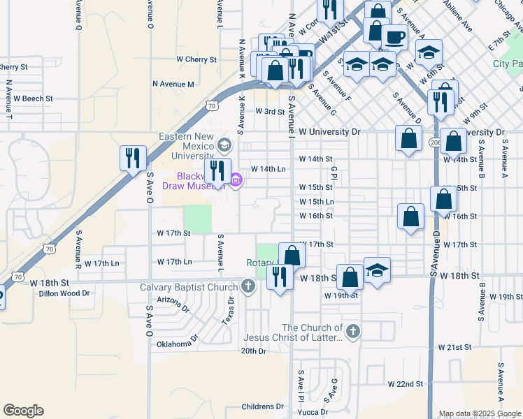 map of restaurants, bars, coffee shops, grocery stores, and more near 1020 West 16th Street in Portales