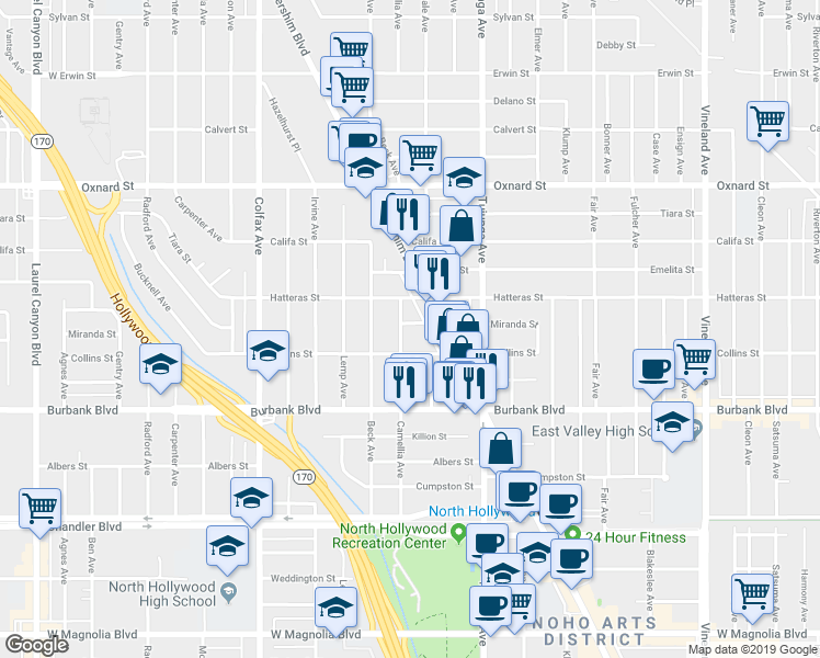 map of restaurants, bars, coffee shops, grocery stores, and more near 5726 Camellia Avenue in Los Angeles