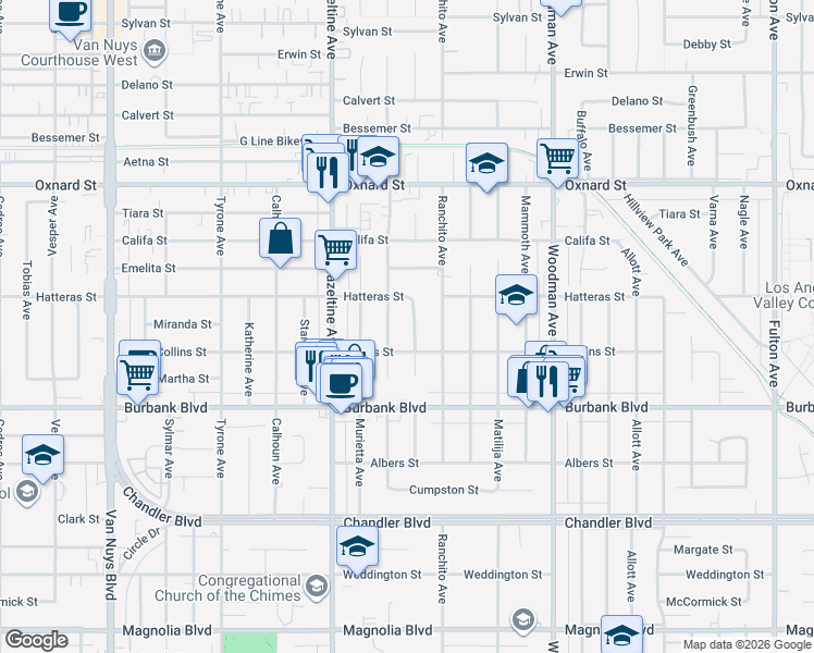 map of restaurants, bars, coffee shops, grocery stores, and more near 5727 Colbath Avenue in Los Angeles