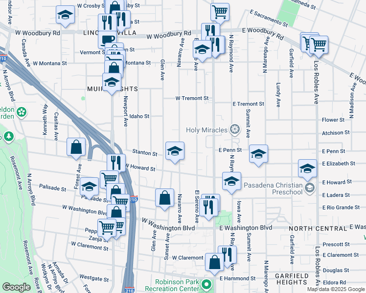 map of restaurants, bars, coffee shops, grocery stores, and more near 1684 Navarro Avenue in Pasadena