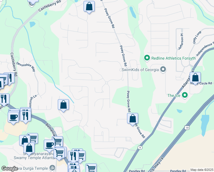 map of restaurants, bars, coffee shops, grocery stores, and more near 5610 Sterling Court in Cumming