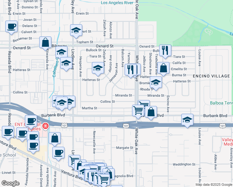 map of restaurants, bars, coffee shops, grocery stores, and more near 17827 Miranda Street in Los Angeles
