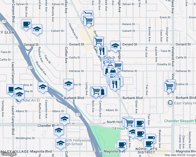 map of restaurants, bars, coffee shops, grocery stores, and more near 5727 Camellia Avenue in Los Angeles