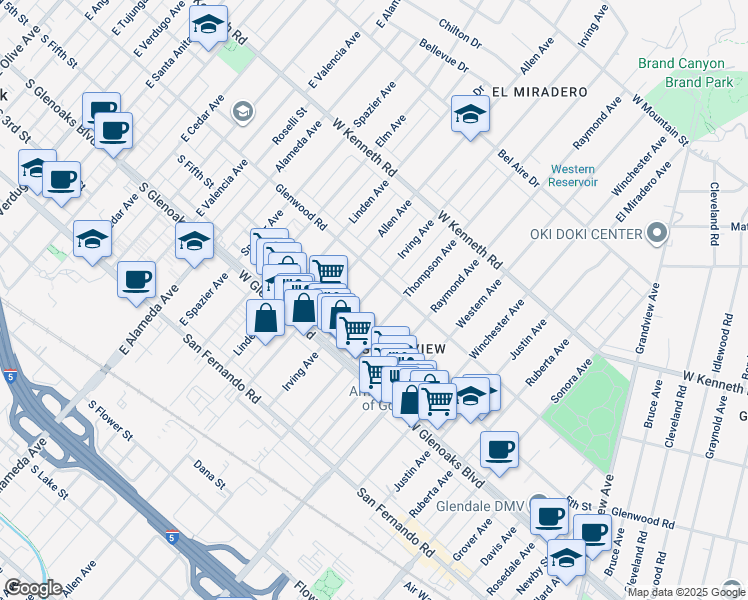 map of restaurants, bars, coffee shops, grocery stores, and more near 1164 Irving Avenue in Glendale