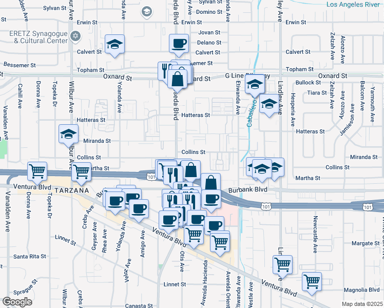 map of restaurants, bars, coffee shops, grocery stores, and more near 18434 Collins Street in Los Angeles