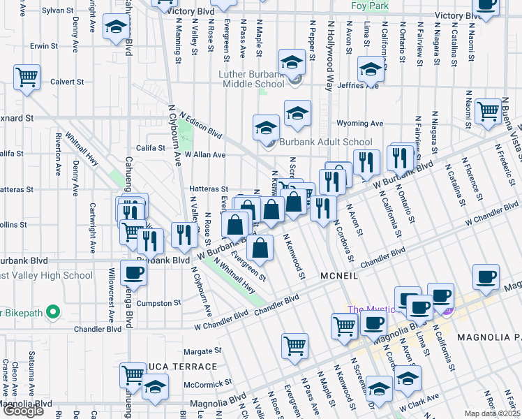 map of restaurants, bars, coffee shops, grocery stores, and more near 1430 North Maple Street in Burbank