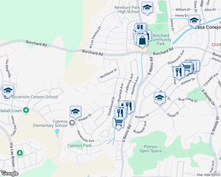 map of restaurants, bars, coffee shops, grocery stores, and more near 3916 Buckthorn Court in Thousand Oaks