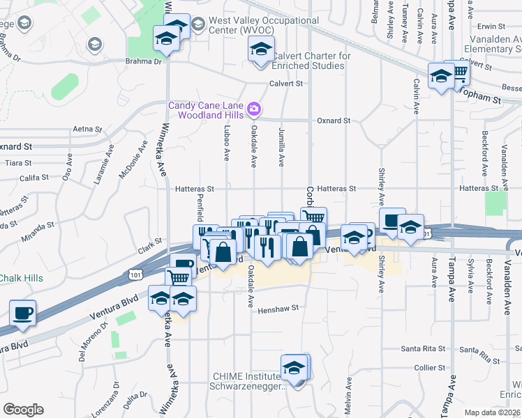 map of restaurants, bars, coffee shops, grocery stores, and more near 5708 Oakdale Avenue in Los Angeles