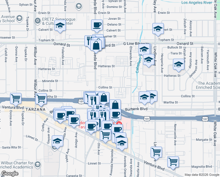 map of restaurants, bars, coffee shops, grocery stores, and more near 18434 Collins Street in Los Angeles