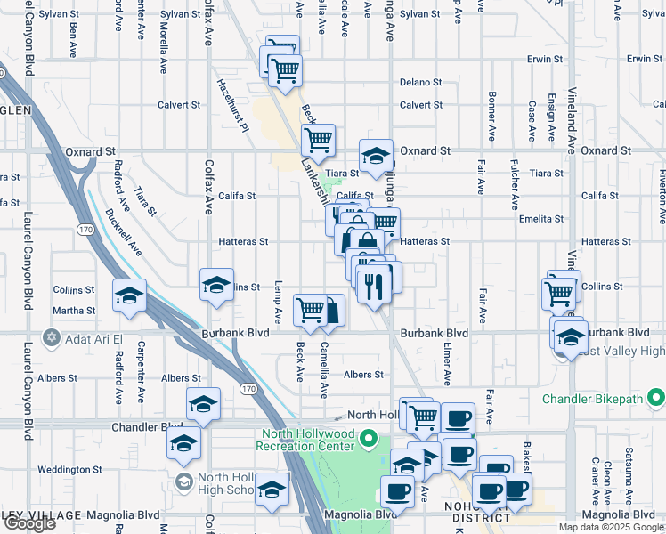 map of restaurants, bars, coffee shops, grocery stores, and more near 5726 Camellia Avenue in Los Angeles