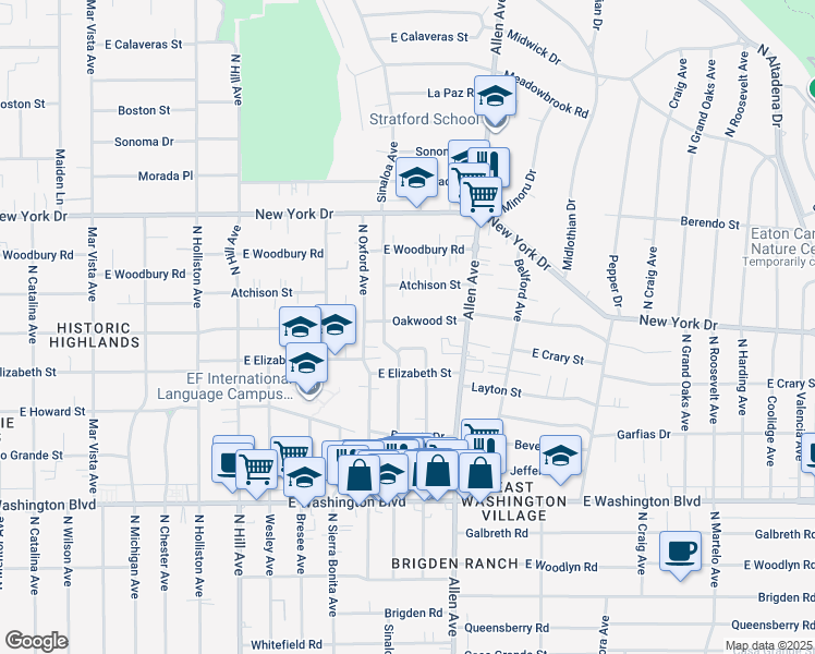 map of restaurants, bars, coffee shops, grocery stores, and more near 1728 Oakwood Street in Pasadena